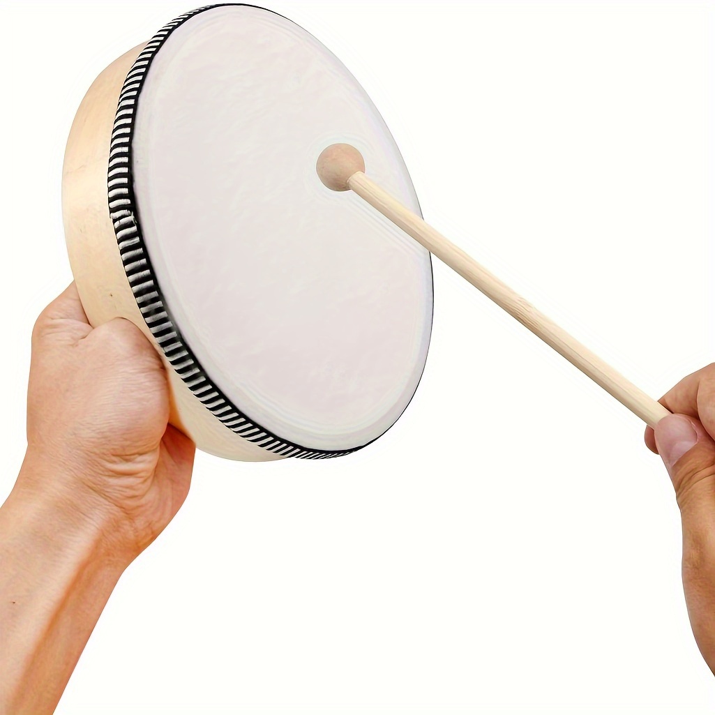 Natural Wooden Hand Drum, White Educational Hand-Held Percussion Instrument Toy with Mallet Included