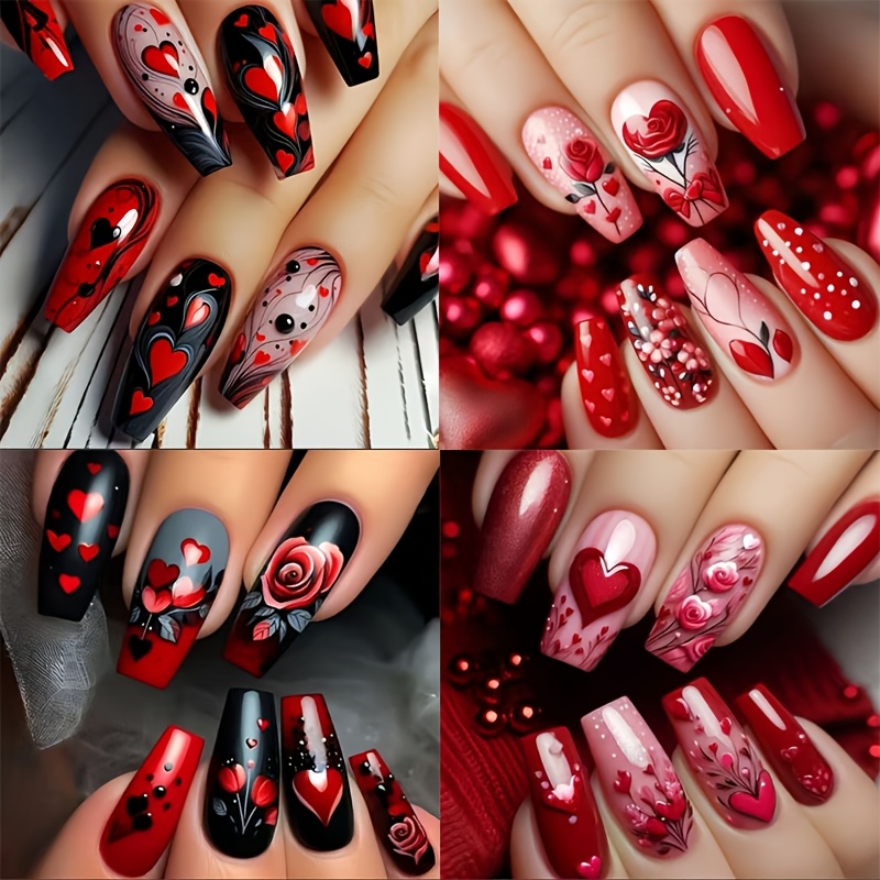 TEMU Pink 96- Nail Sticker Set - Long Coffin Shape, Glossy End, Reusable And Easy To Apply - Valentine's Day Themed Fake Nails With Heart, Rose, And Floral Designs