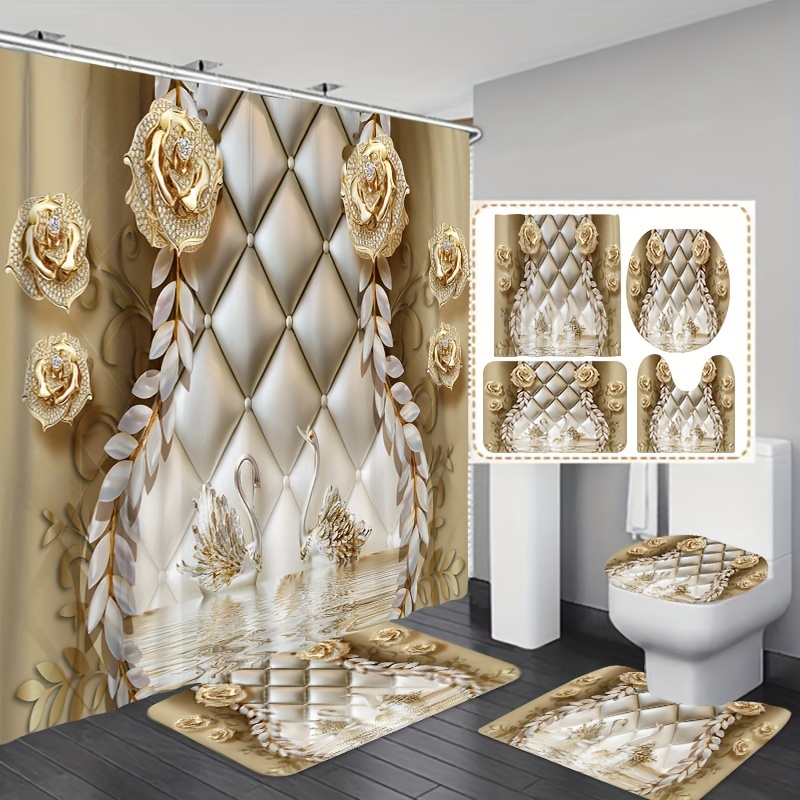 

1/3/4pcs Swan Floral Pattern Shower Curtain Set, Waterproof Bathroom Partition Curtain With Hooks, Non-slip Bath Rug, Toilet U-shape Mat, Toilet Lid Cover Mat, Bathroom Accessories