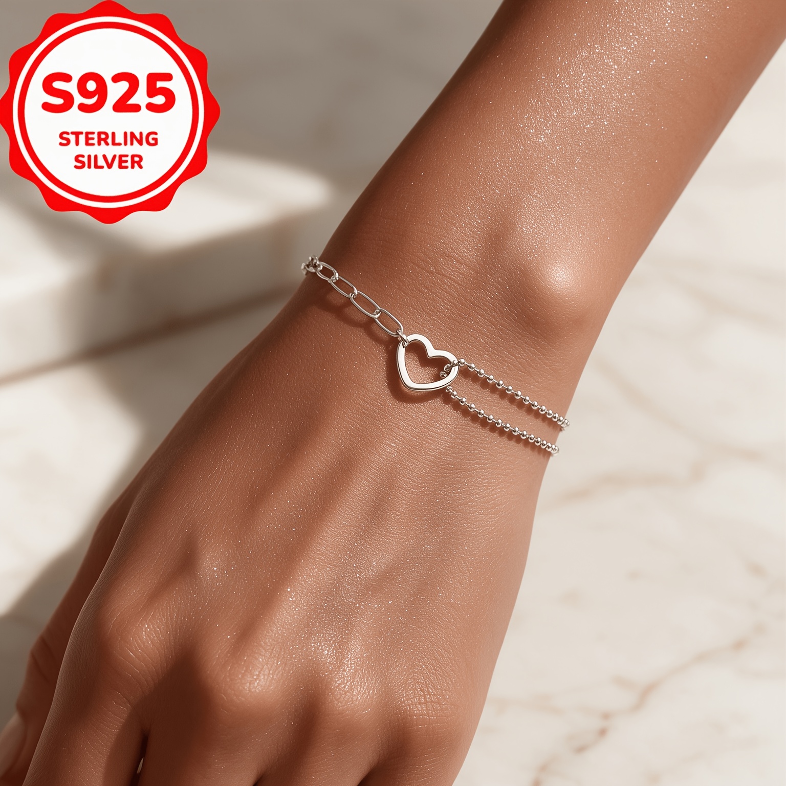 925 Silver Hollow Double-Layer Heart Patchwork Bracelet, Versatile Design