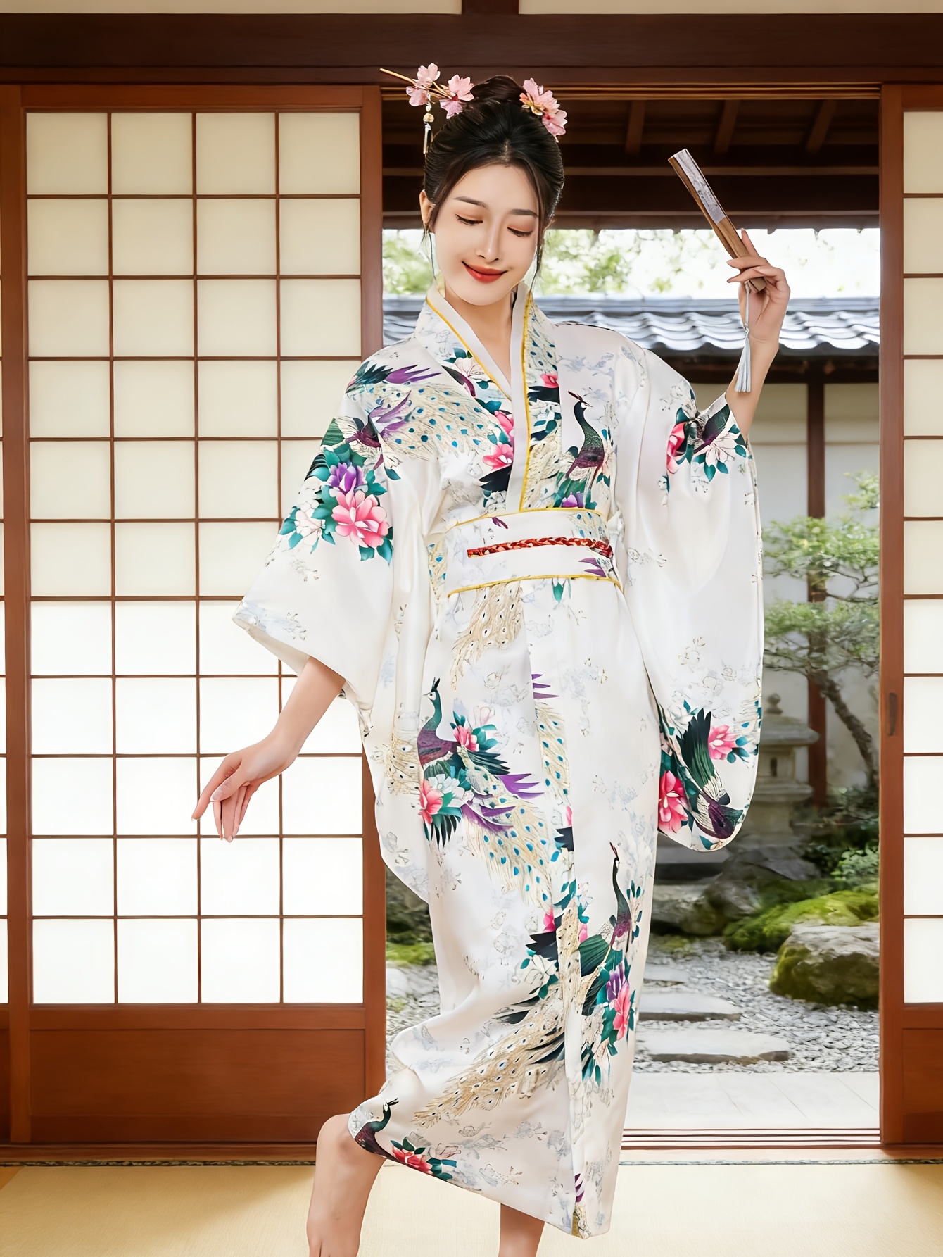Elegant Women'* Peacock Floral Print Kimono Dress with Belt, Satin  Three-Quarter Sleeve Robe, Traditional Japanese Yukata, Suitable for  Photogra