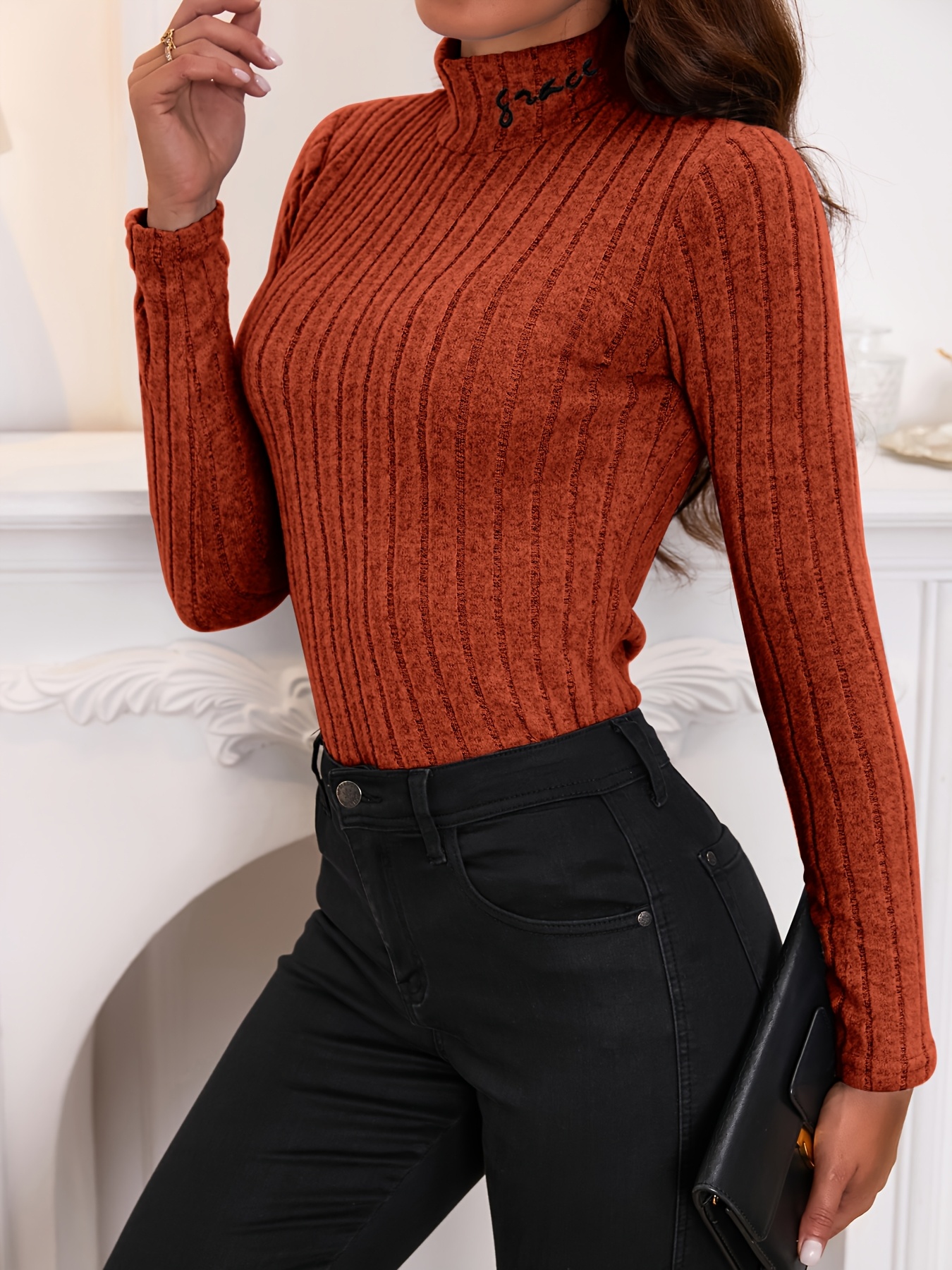 Solid Turtle Neck Rib Knit Top, Elegant Slim Long Sleeve Simple Sweater, Women's Clothing