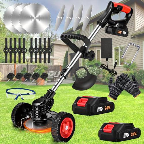 home small portable electric lawn mower 24v 2 lithium batteries 4 kinds of blades 3 circular saw blades 4 metal mowing blades 5 grass cutting ropes 10 plastic lawn cutters yard multifunctional lightweight portable battery lawn mower