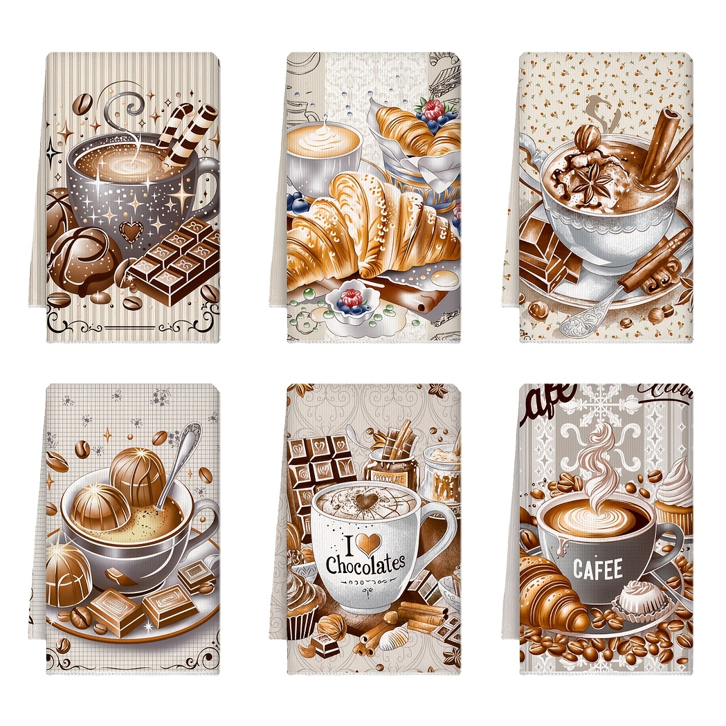 TEMU Set Of 6 Modern Coffee Cup Patterned Printed Kitchen Towels, Soft And Absorbent, Machine Washable, Made Of Polyester Fiber, Suitable For Kitchen