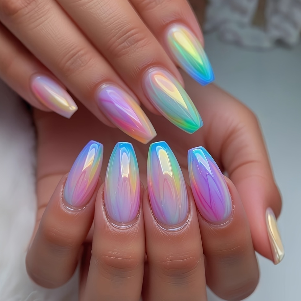 TEMU 24 uñas postizas de ballet estilo largo - Uñas postizas de Y2K - Uñas deslumbrantes aurora - Uñas postizas de diseño usable - Pegatinas de uñas