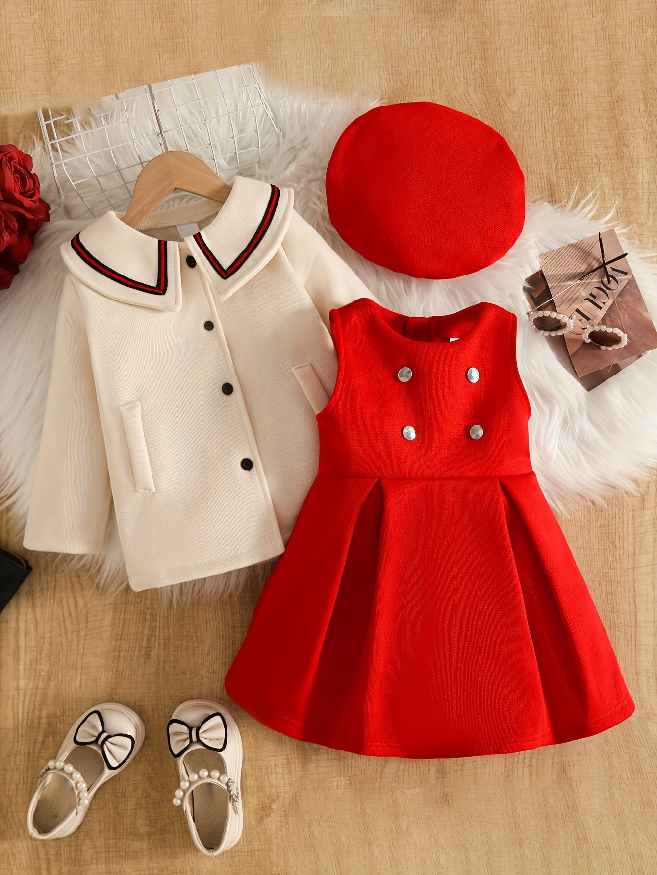 autumn winter cute dress set girls beige coat red sleeveless