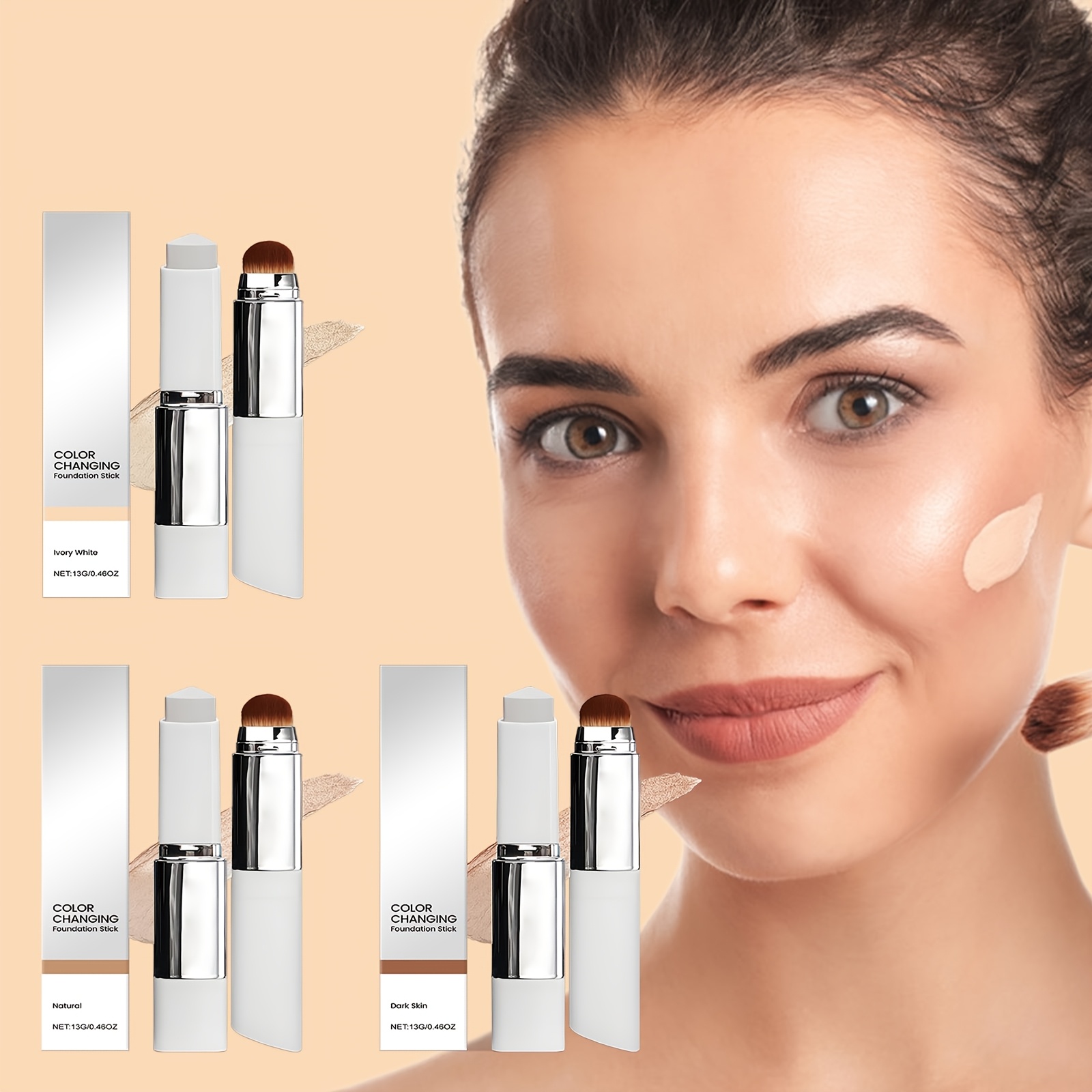 2 in 1 color changing foundation stick spring summer essential gift for girlfriend mother friend lightweight multi functional foundation stick with brush multi color       Product details 5