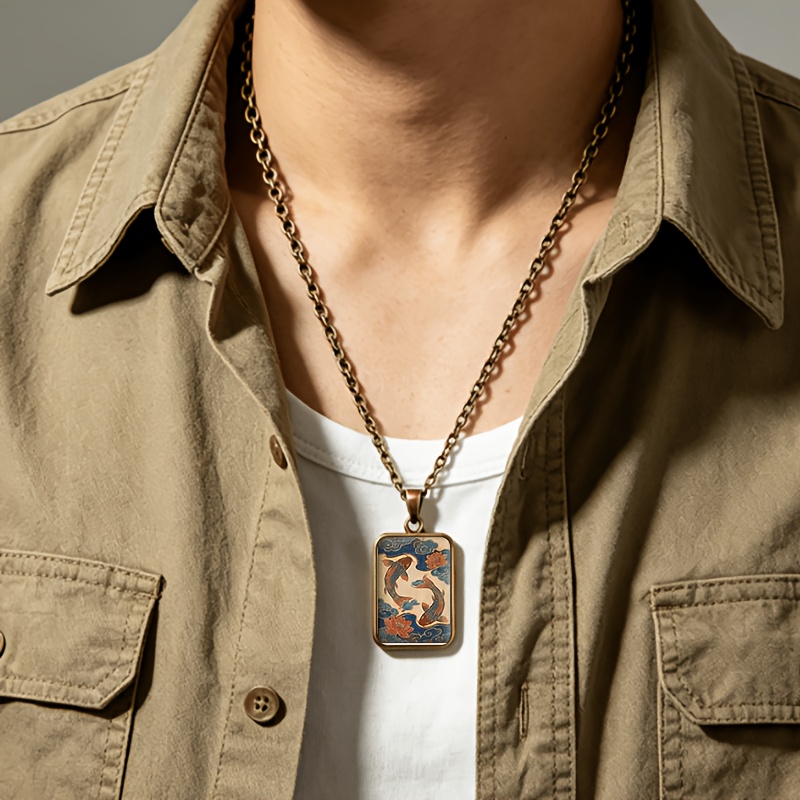 Double-Sided Square Glass Koi Fish Pendant Necklace, Men's