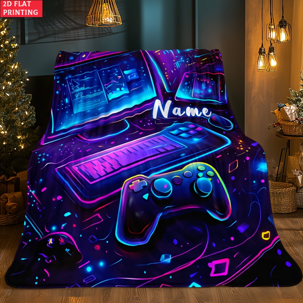 E-shop 2D-Flach . personalisierte Decke mit Namen, Computer mit Gamepad – Leichte Flanell-Heimtextilien-Bettdecken-Decke, geeignet für Sofas, Betten,