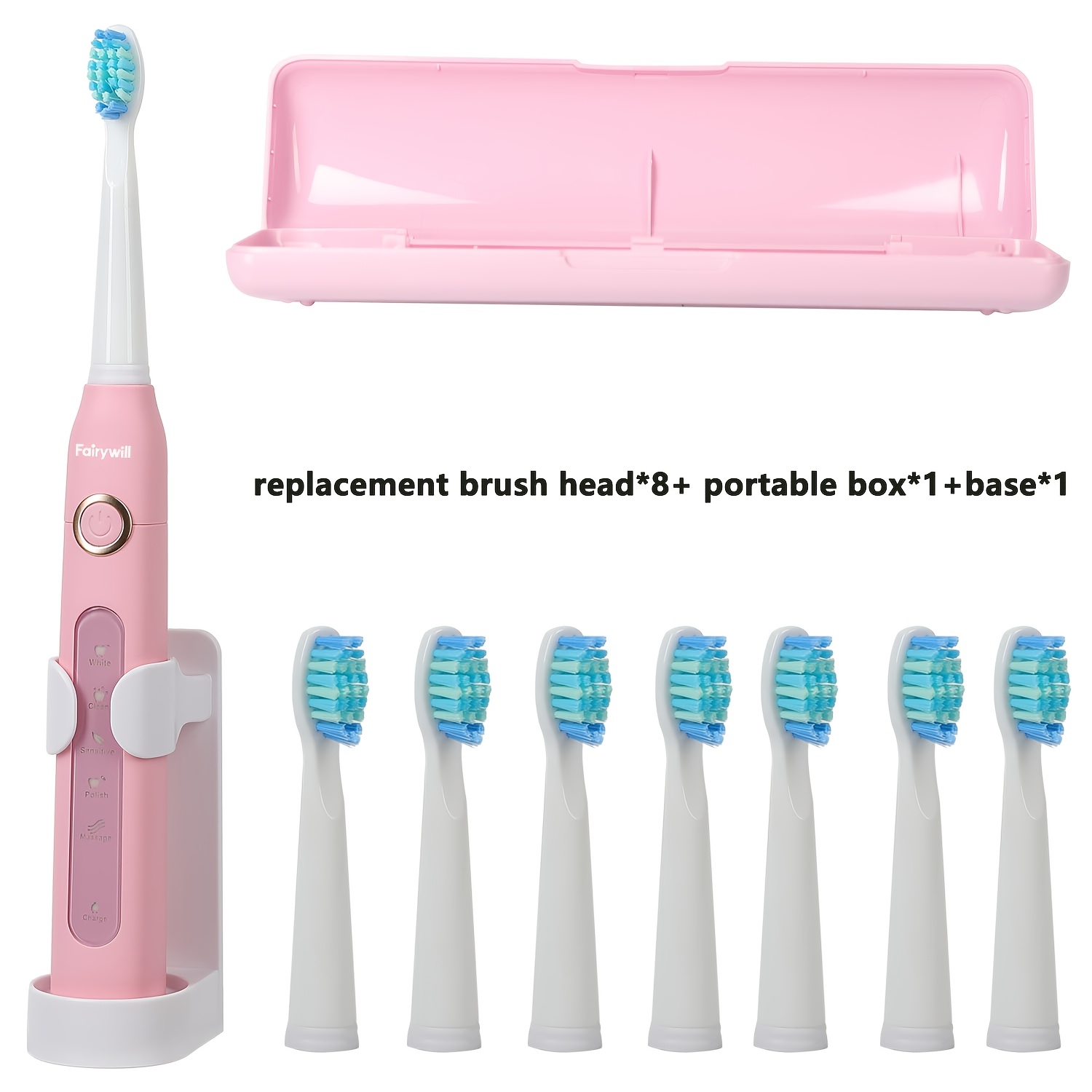 Image of Fairywill Electric Toothbrush With 5 - Cleans Teeth & Gums, Rechargeable Usb Electric Toothbrush With 8 Replacement Heads+portable Box, Electric Toothbrush For Adults Pink