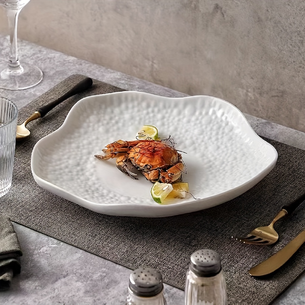 1pc Ceramic French-Style Fan Plate with Irregular Shape - Elegant Asymmetric Dish for Steak, Salads, Pasta, Desserts - for all types of cuisines (Modern for special occasion or Everyday Dining)