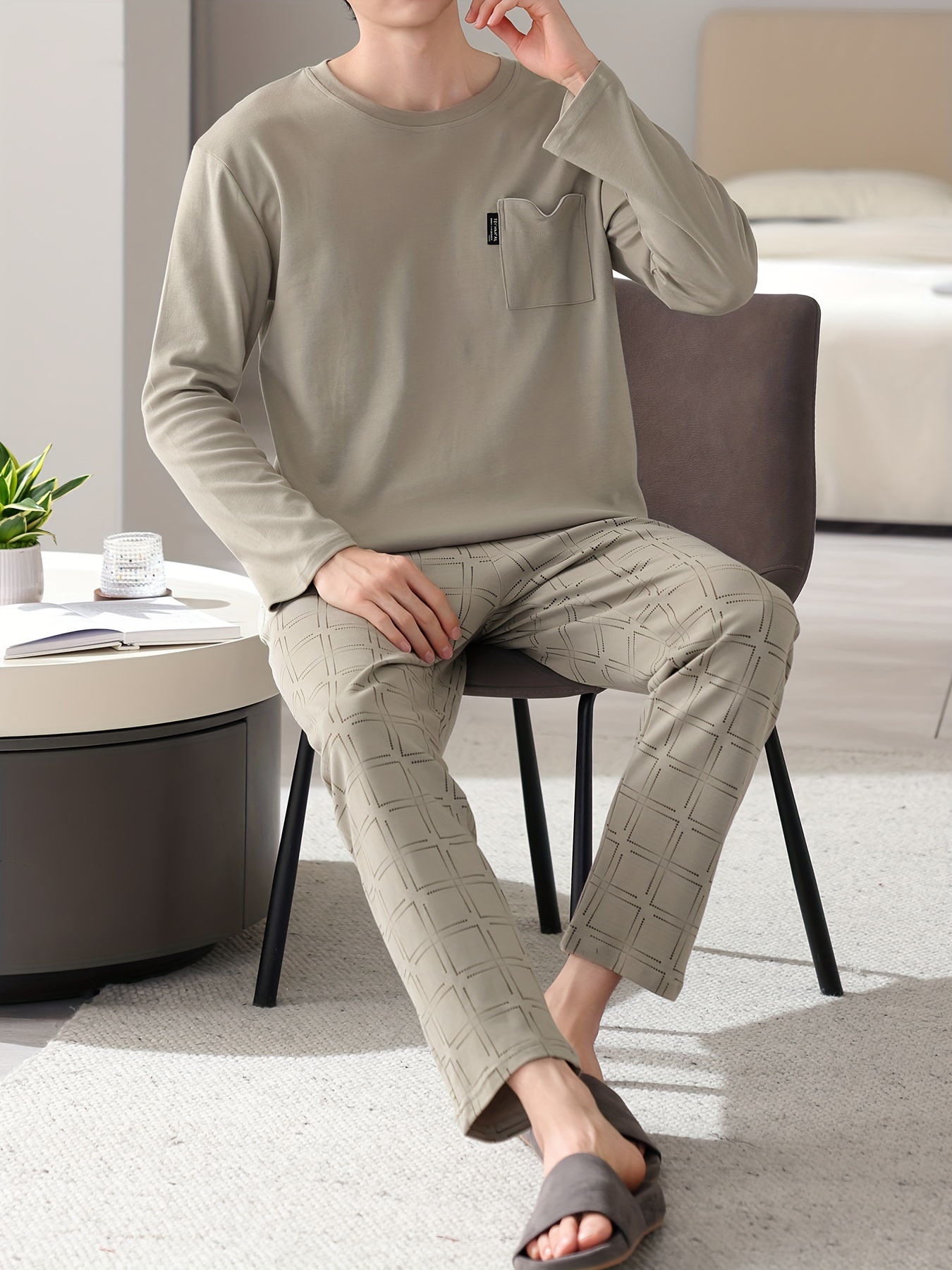 1set Men'S Casual Cotton Pajama Set, Long Sleeve Round Neck Sleepwear with Pockets, Loose Fit Knitted Pullover for Spring/Autumn - Comfortable Thin Cotton Outfit