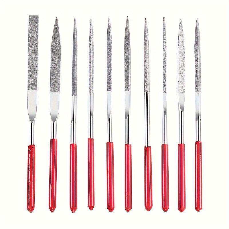 10 piece diamond mini rasp set 140mm 5 5in for ceramic wood jewelry polishing carving small projects precision craft rasp tools with red handles details 7