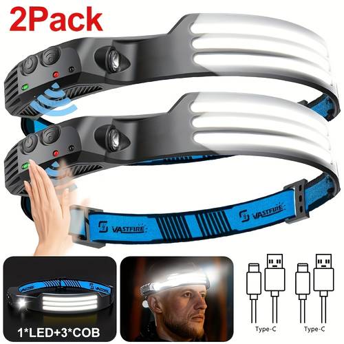 item picture 2pcs sensor activated led headlamp features a cob sensor type c charging a 1200mah battery a 230 and suitable for camping hiking and outdoor activities its portable and