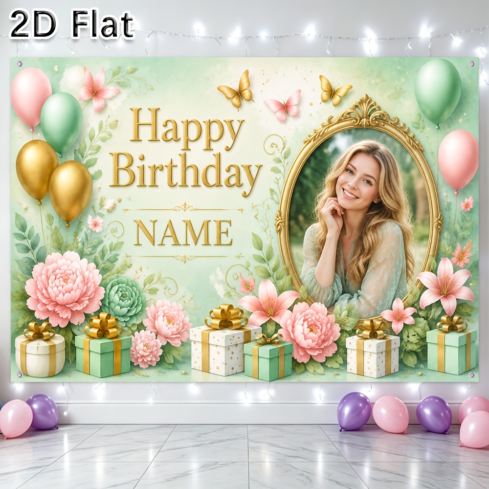 TEMU 2d Flat, [2d Plat] 1pc Party Banner Custom Photo Name Beautifully Designed Happy Birthday Printed Backdrop With Fresh Elegant Large Flower