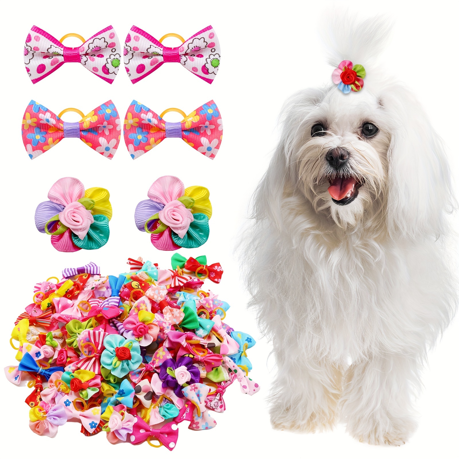 

50pcs Assorted Pet Bow Ties & Flower Hair Accessories, Classic Bowknots With Petals, Fashionable Dog & Cat Headwear, Stylish Pet Grooming Decorations