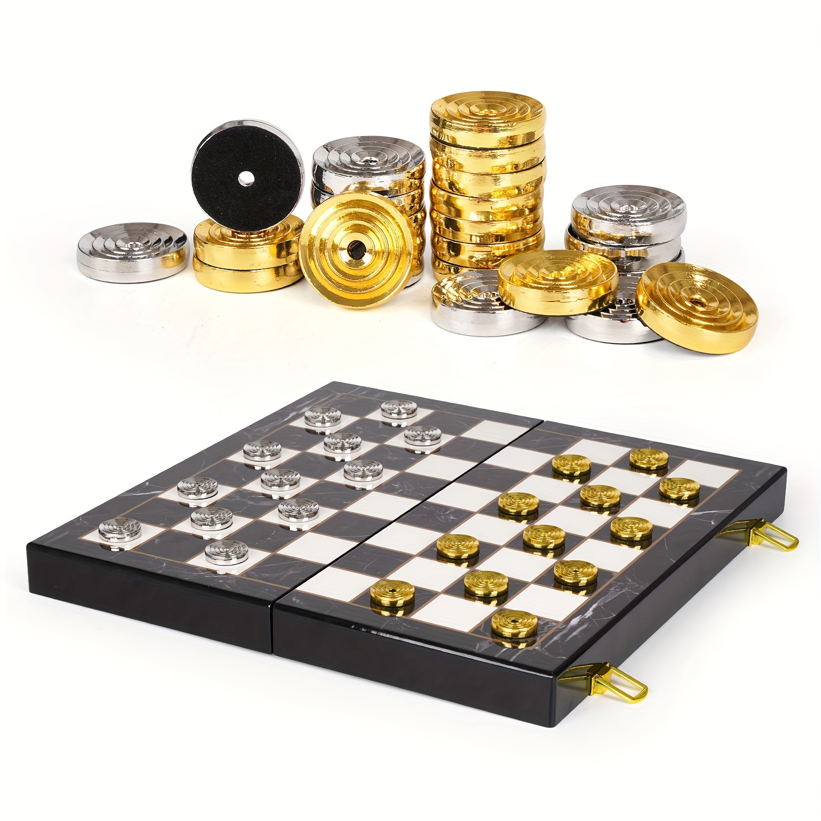 

15-inch Metal Board Game Set Portable Classic Marbling Checkerboard With Metal Pieces Elegant Set For Adults Family And Travel