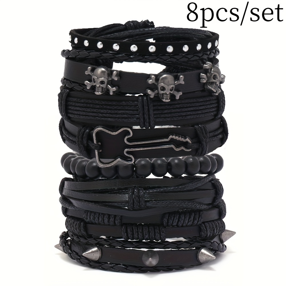 Image of 8pcs/set Pu Bracelet Punk Cuff Wrap Bracelets For Men Women Adjustable Black Perfect For Daily Wear, Gift-,christmas Gifts