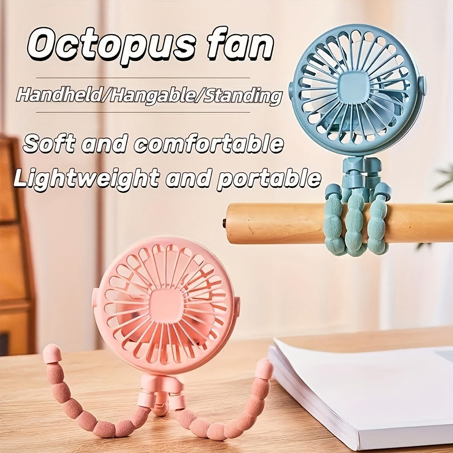 portable octopus shaped led light mini fan with flexible tripod stand usb rechargeable wearable fan quiet powerful for strollers outdoor table indoor use plastic material button control 500mah lithium battery details 0