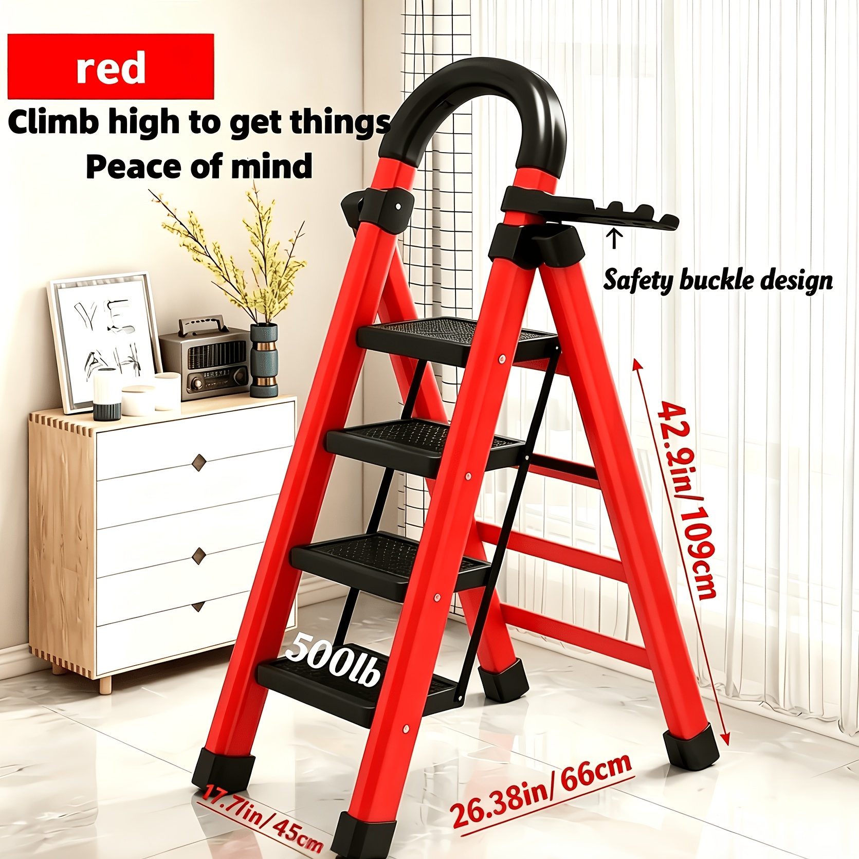 TEMU Heavy-duty 3/4 Step Portable Folding Ladder, 500 Lbs Load Capacity, Durable Plastic Folding Ladder With Non-slip Treads, Lightweight And Easy To