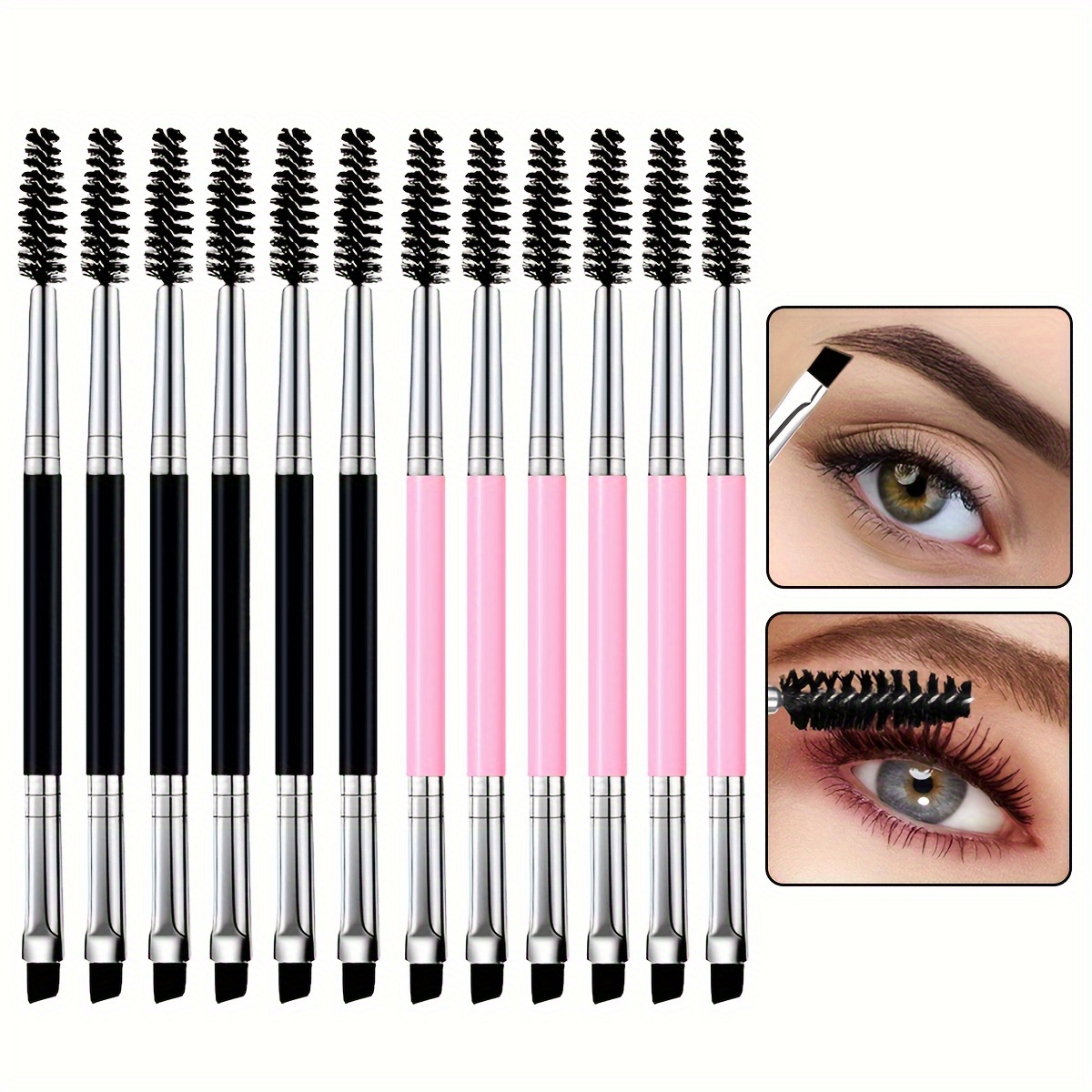 TEMU 12pcs Double Tête Brosse à Sourcils et à Cils Brosse à Cils Double Tête Brosse à Ombre Portable Douce Ultra-Mince Eyeliner Pinceau de Maquillage