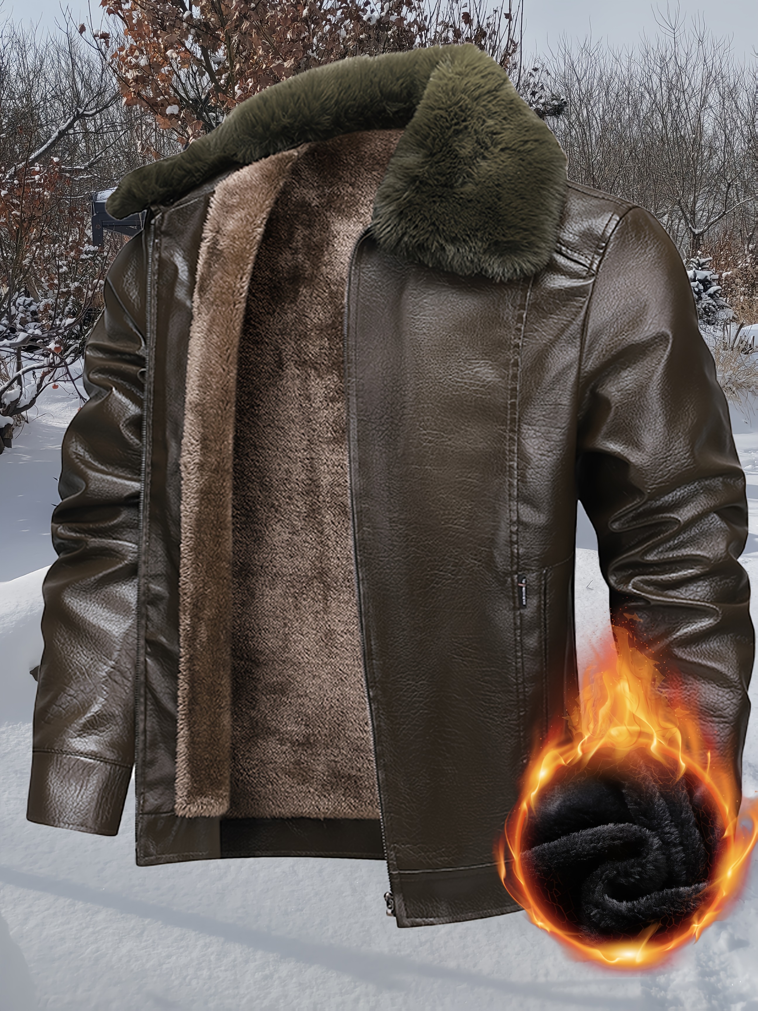 mens thickened warm jacket with removable fleece lining large fluffy hood light business formal wear zipper closure regular fit for casual outdoor daily wear formal attire hooded coat plush texture