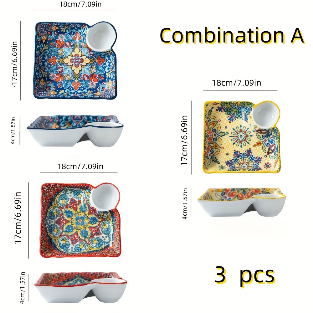 3pcs, Bohemian Floral Ceramic Dumpling Plate Bowl Porcelain Home Creative High-quality Tableware, Dumplings, Sushi, Breakfast, Fruit, Kitchen Tableware, Oven And Microwave Applicable