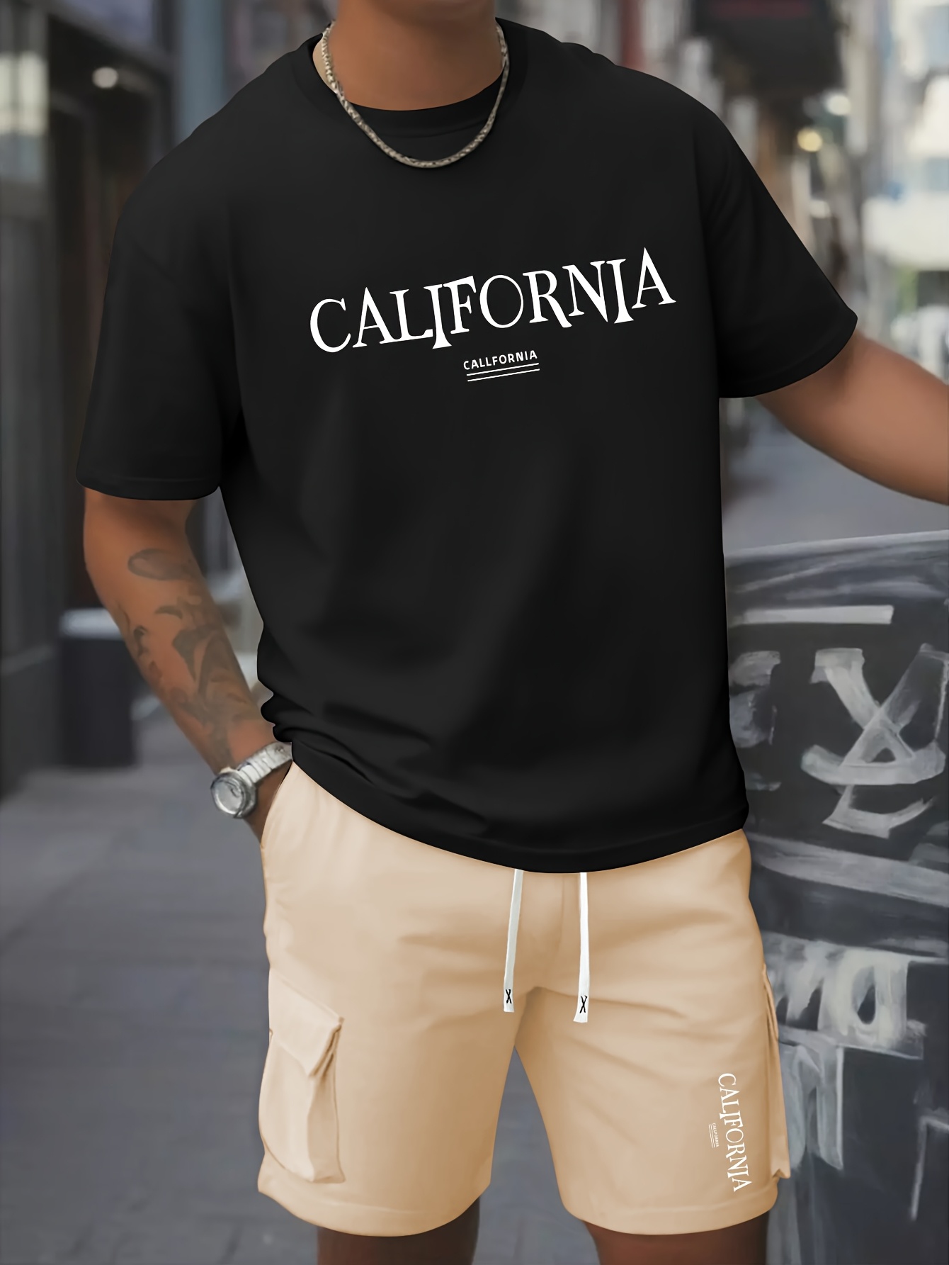 2pcs Set of Men's Comfortable Pure Cotton Round Neck T-shirt and Casual Work Shorts, Lightweight Summer Clothing