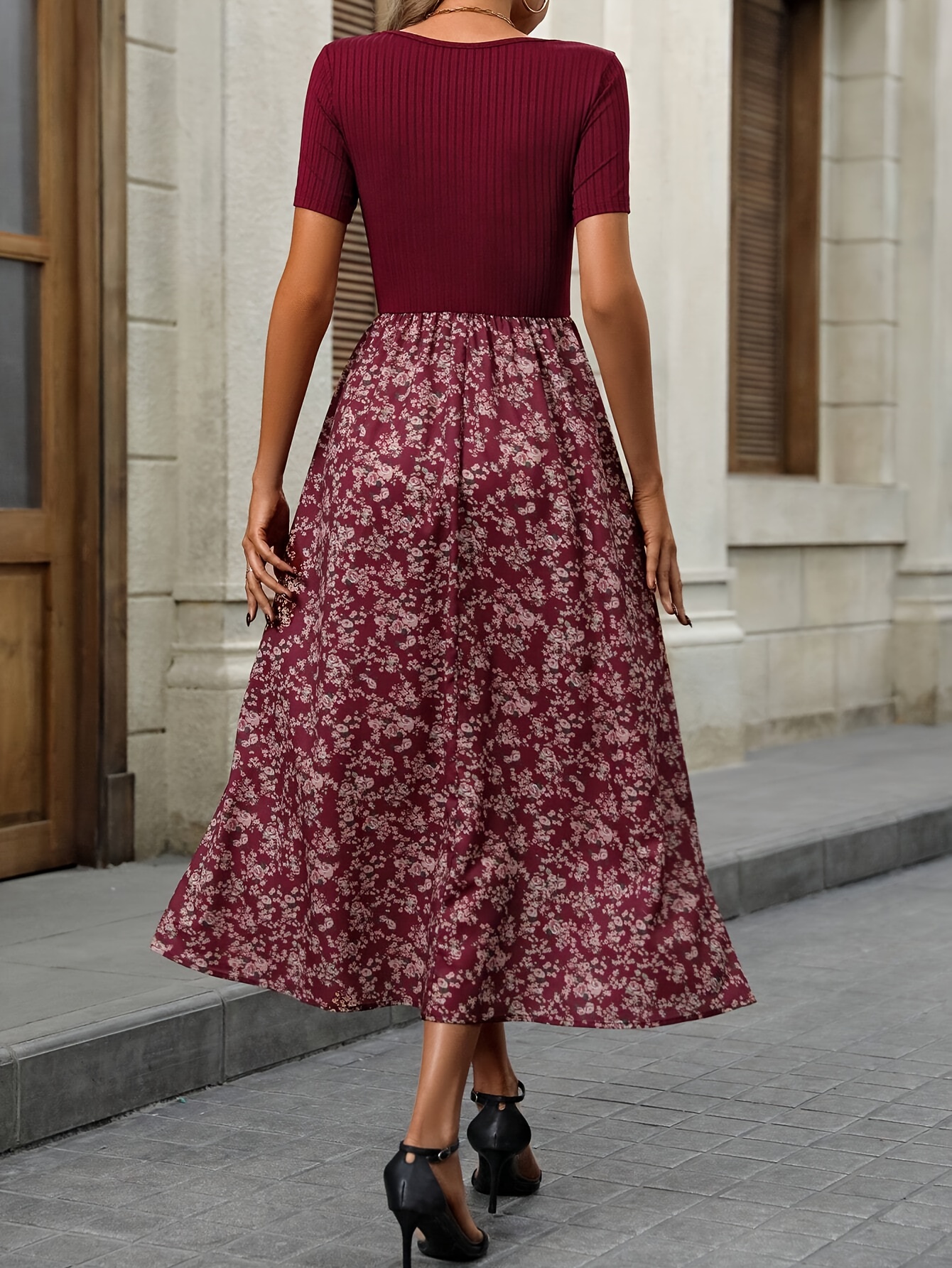 elegant womens floral print dress maroon ribbed short sleeve - Temu Poland