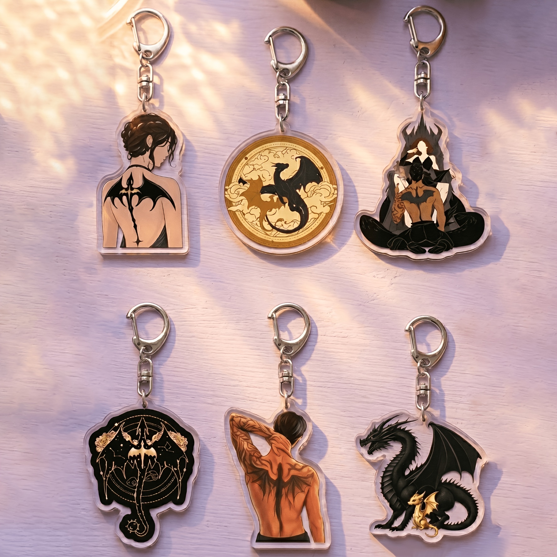 TEMU 2d Flat, 2d Flat 6pcs Set Fantasy Themed Acrylic Keychain, Patterns Include Tattooed Characters, Dragon Throne, And Constellations, Style,