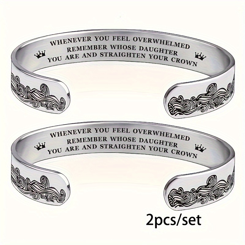 TEMU 2pcs 10mm Crown Pattern Stainless Steel Cuff Bangle Adjustbale Bracelet Handmade Engraving Words Gift For Birthday Or Christmas Of Family