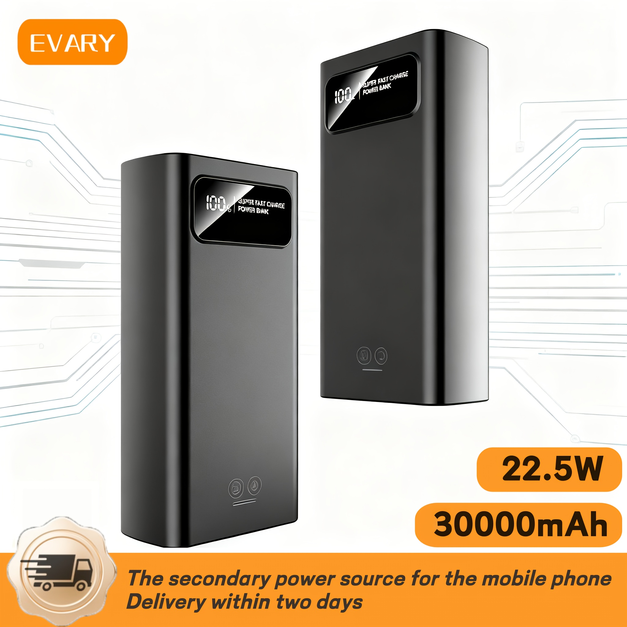 E-shop EVARY 30000mAh Powerbank mit 22,5W PD Schnellladung - USB-C/Micro Eingang, LED-Digitalanzeige, Dual-Taschenlampenfunktion, Kompatibel für Handys