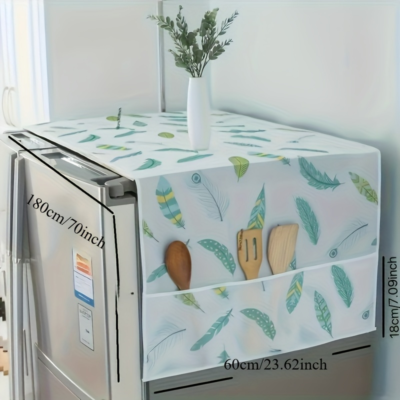 1pc Youlong Multi-Function Refrigerator Dust Cover with Pocket, 128.02 x 52.07 cm, Modern Decorative Fabric Storage Organizer for Home and Kitchen Use, Green Leaf Pattern, PET Material, Appliance Top Protector | Decorative Storage | Pet Material Cover