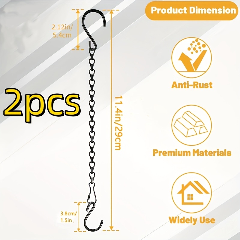 TEMU Lot de 2 chaînes de suspension noires de 11,4 pouces avec crochets en S - Suspension réglable pour plantes en fer forgé, convient pour une