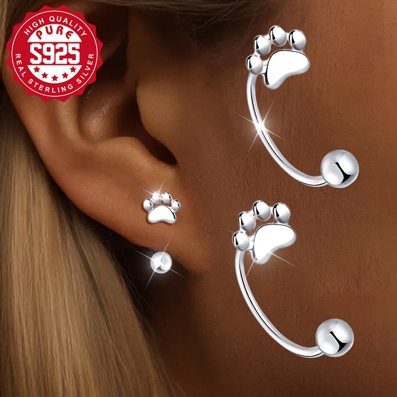 

1 Pair Cat Paw Dangle Earrings, S925 Sterling Silver, Fashionable & Lightweight 1.6g, Hypoallergenic, -, & Parties, Silver Plated, Accessory