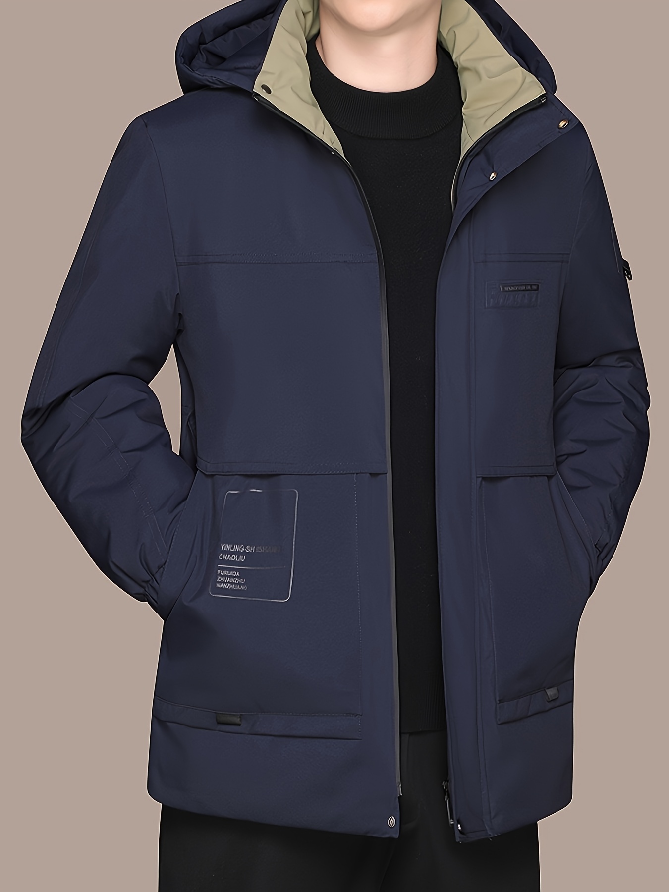 Men's Plus Size Mid-Length Padded Warm Jacket, Loose Fit