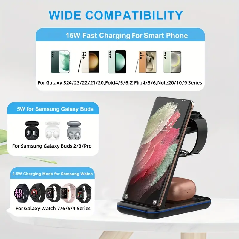 versatile 3 in 1 wireless charging stand with led lamp fast charge for samsung for galaxy s24 ultra s23 s22 s21 s20 note 20 z flip 6 5 4 3 fold 6 5 4 3 for galaxy watch 7 ultra 6 5 pro 4 for galaxy buds 3 2 pro usb type c fast charger for android for samsung details 0