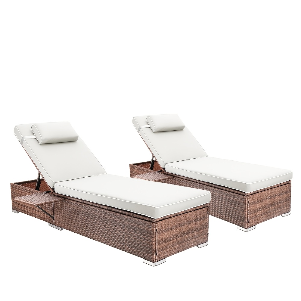 outdoor pe wicker patio lounge chairs set of 2 outside rattan pool lounge chair with cup holder adjustable backrest brown rattan recliners for poolside deck beach yard