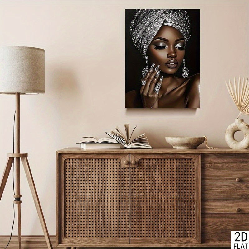 TEMU Décoration de pièce 1 pièce, Femme africaine avec broderie à paillettes argentées, Art mural sur toile cadre, 11,8x15,7 pouces, Décoration pour