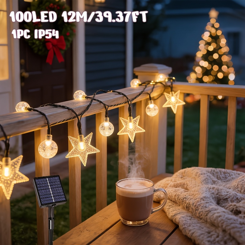 TEMU 1pc Solar Christmas String Lights, Solar Fairy Lights, Star And Bubble Ball Shaped Decorative Lights, 8 Lighting Modes, Ip54, Suitable For