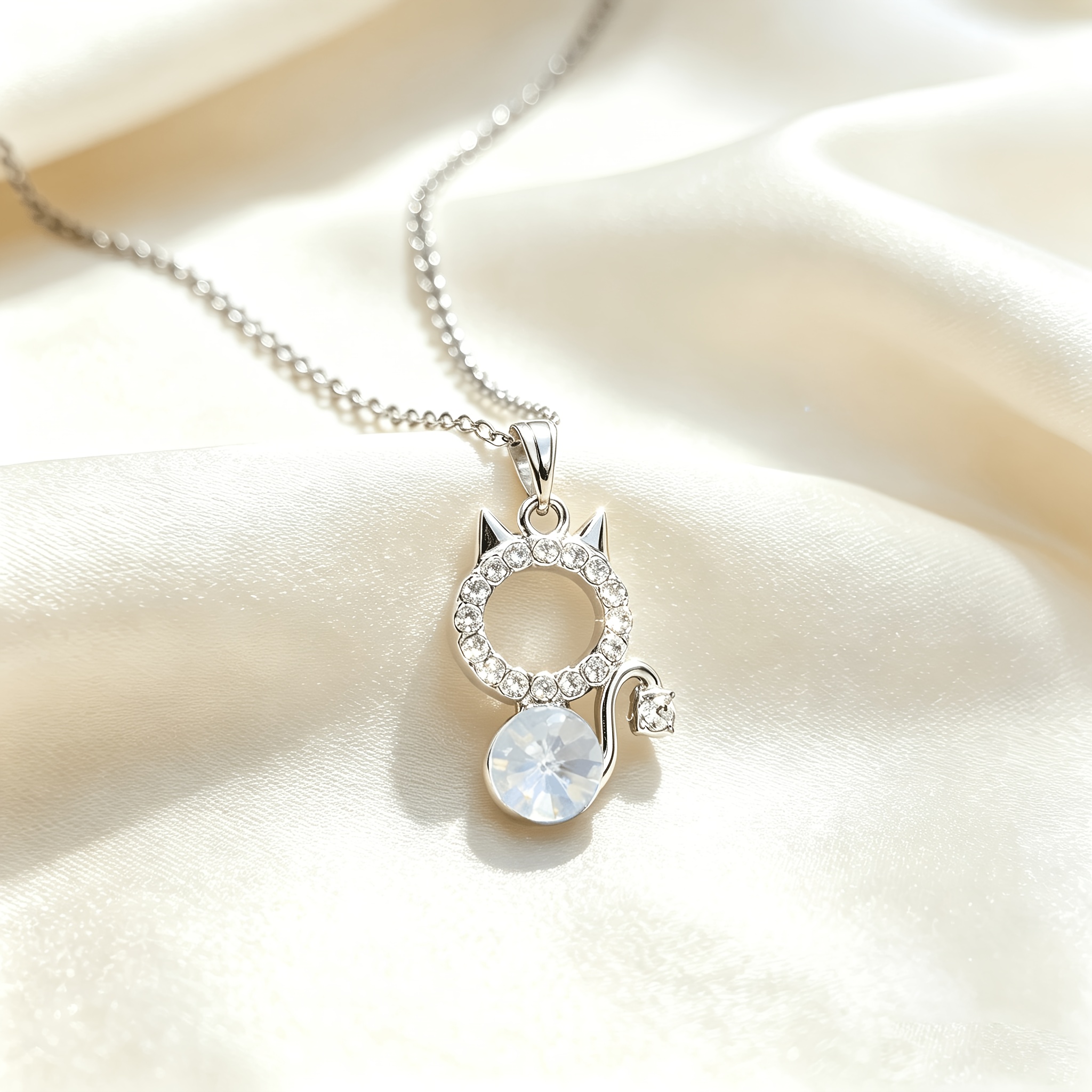 Women's Sparkling Cat Gemstone Round Pendant Necklace, Unique Design