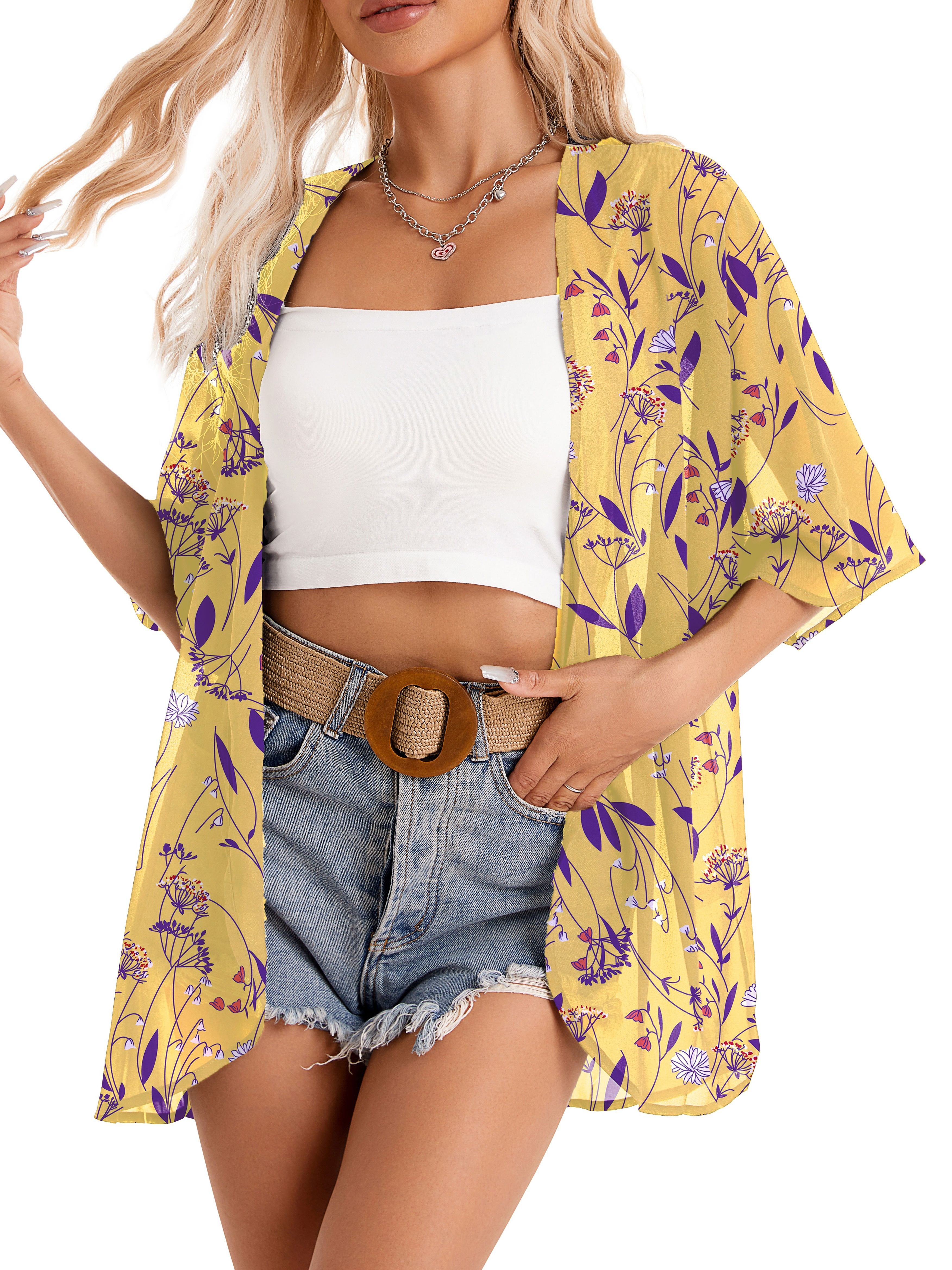 Floral Print Cover Up Cardigan, V Neck Loose Fit Half Sleeves Casual Beach Kimono, Women's Swimwear & Clothing