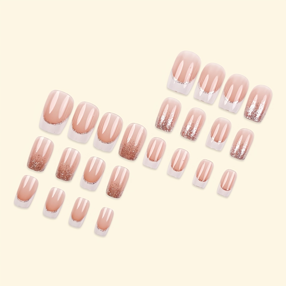 TEMU 24pcs Faux Ongles Carrés Longs à Pression, Ongles Brillants, Couleur Rose Nu avec French Tips et Paillettes Argentées, Faux Ongles Artificiels