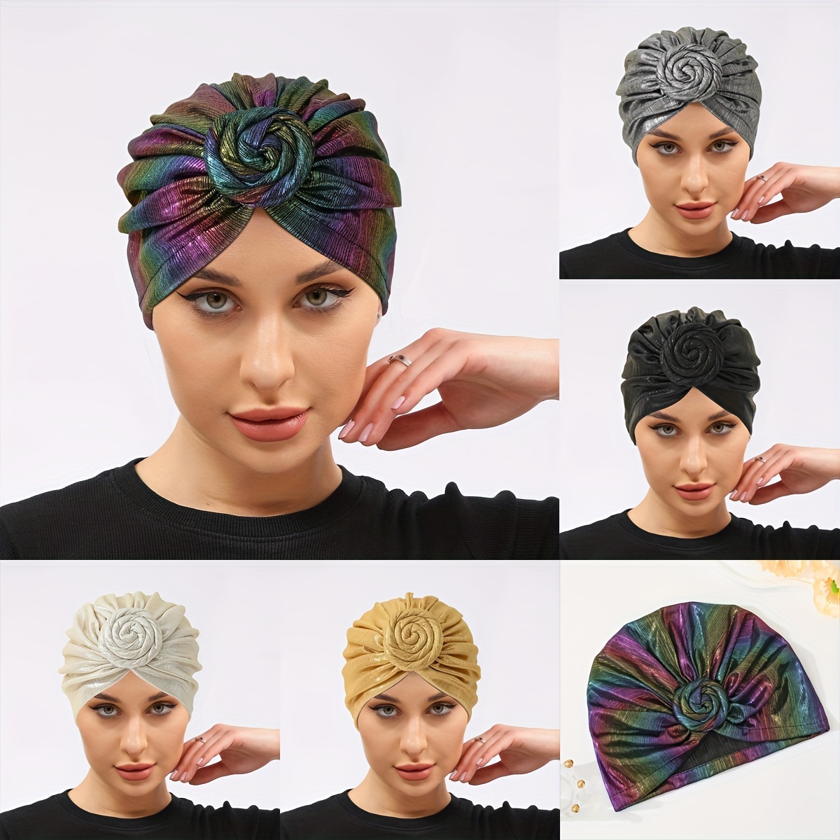 

1pc Foil Stamped Crumpled Turban Cap Elegant Knot Hijab Lightweight Elasticity Beanies Chemo Hat Ramadan Turbans For Women