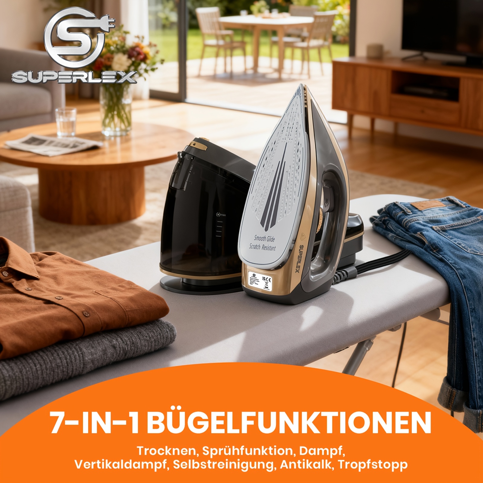 TEMU SUPERLEX 2600W Hochleistungs-Dampfbügeleisen | 1300ml Großer Wassertank, Multi--Bügeln mit LED-Anzeige, 25-35g/min Dampfleistung, Anti-Kalk- und