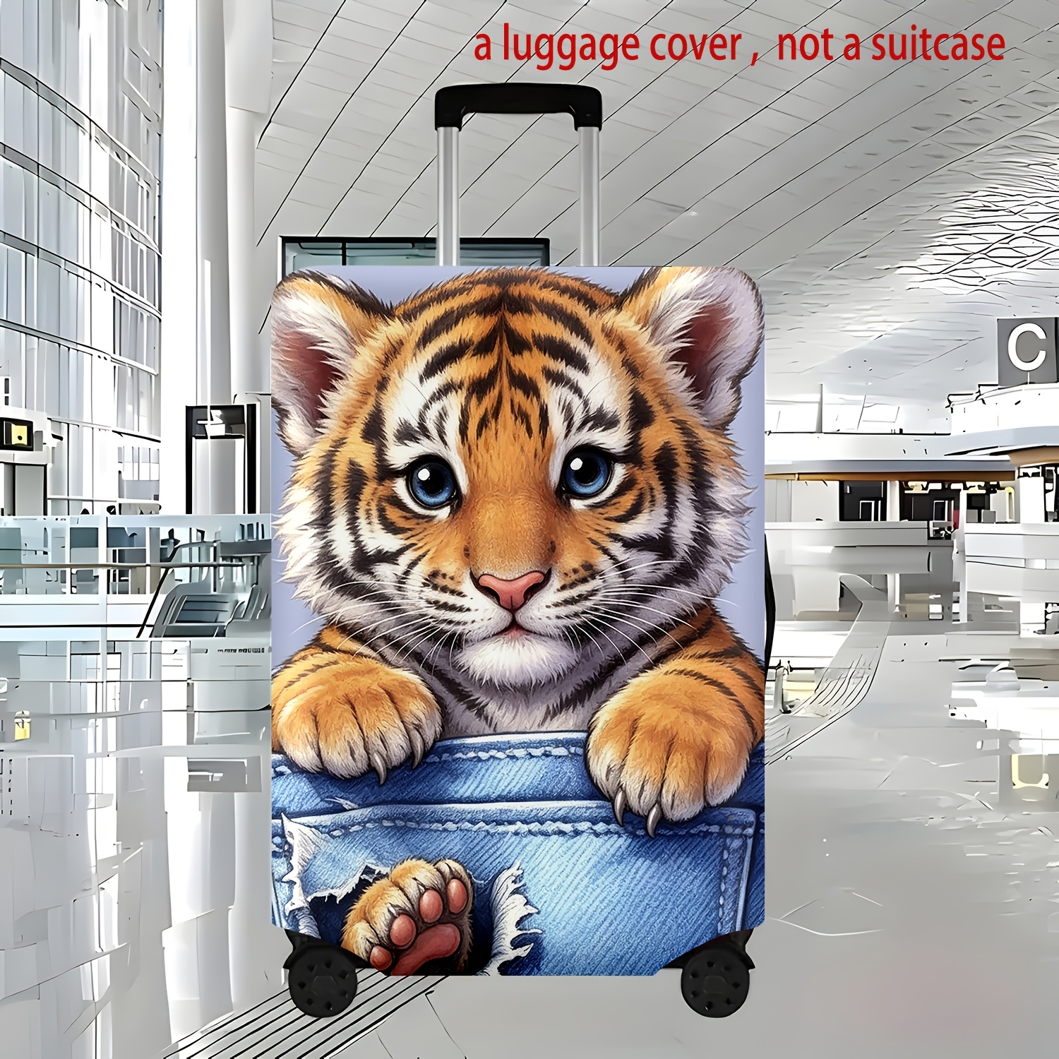 TEMU 1pc 2d Printed Cute Tiger Cub With Ripped Pocket Themed Printed Luggage Protective Cover, Luggage Not Included - Polyester Fiber Luggage