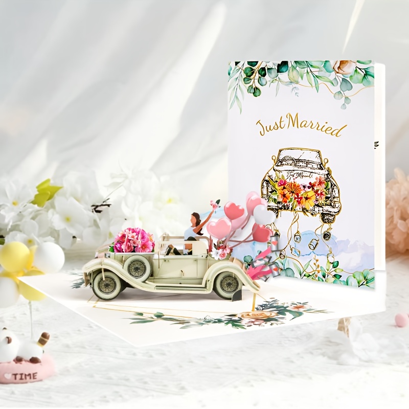 3D Pop-Up Wedding Card – Just Married Vintage Car With Heart
