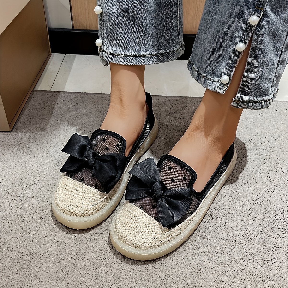 

Women's Breathable Mesh Loafers With Bow, Thick Sole Espadrilles, Fashion Summer Slip-on Casual Shoes