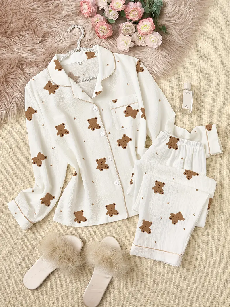 ensemble pyjama femme à col ouvert et imprimé en peluche plis avec manches longues pour lautomne et lhiver Détails du produit 3