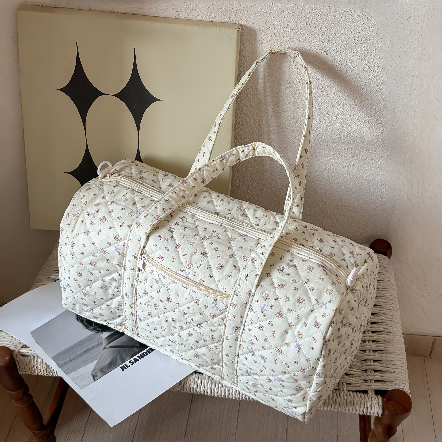 E-shop [Gepäcktasche] 1 Stück Koreanische Ditsy Blumen- und Schleifen-Print Gesteppte Reisetasche mit großem Fassungsvermögen, Handtasche,